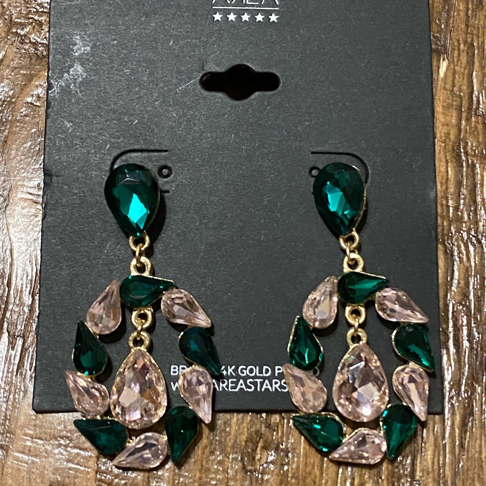 AREA STARS 14k Gold Over Brass Oval Drop Earrings With Pink & Green Rhinestones
